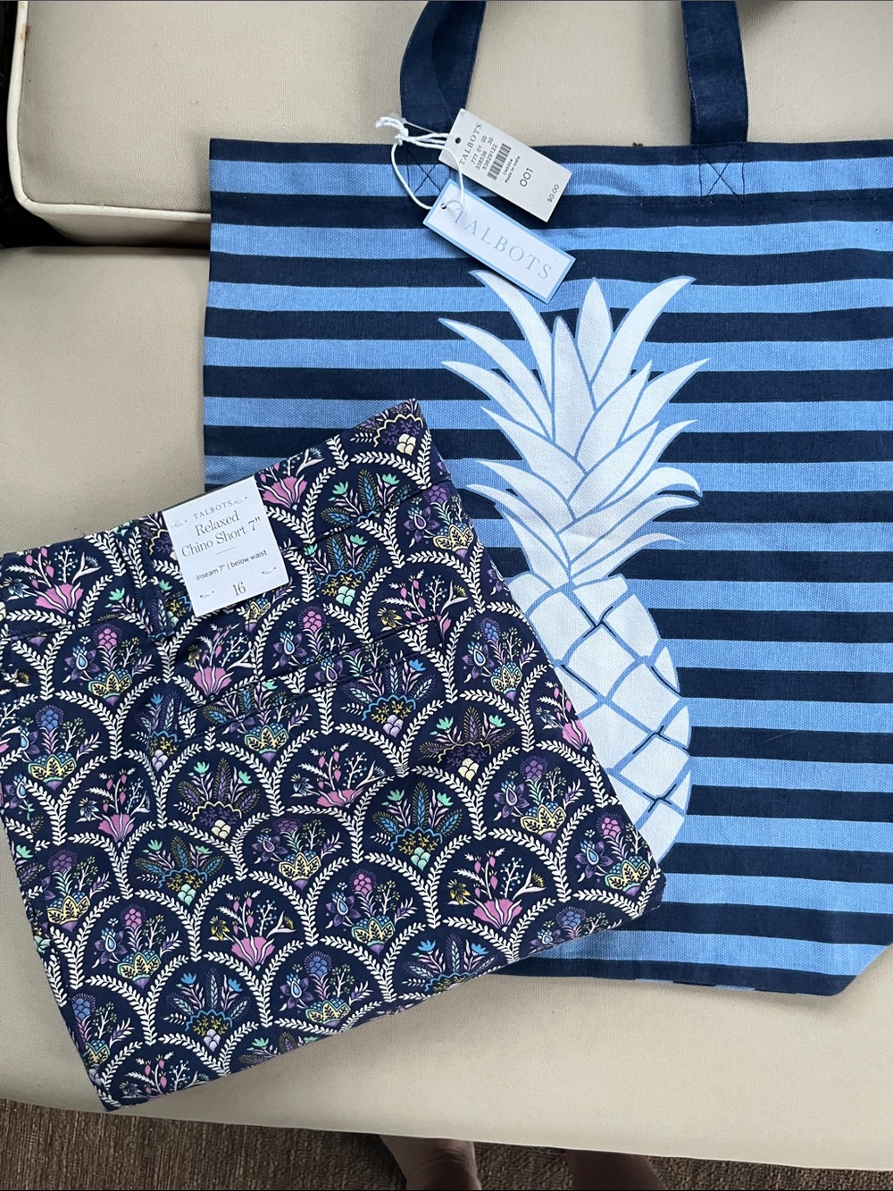 Talbots Navy Floral-Arch Relaxed Chino Shorts + Bonus Tote